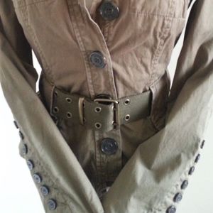 ZARA Olive Green Safari Camo Military Belted Vintage Trench Utility 100% Cotton